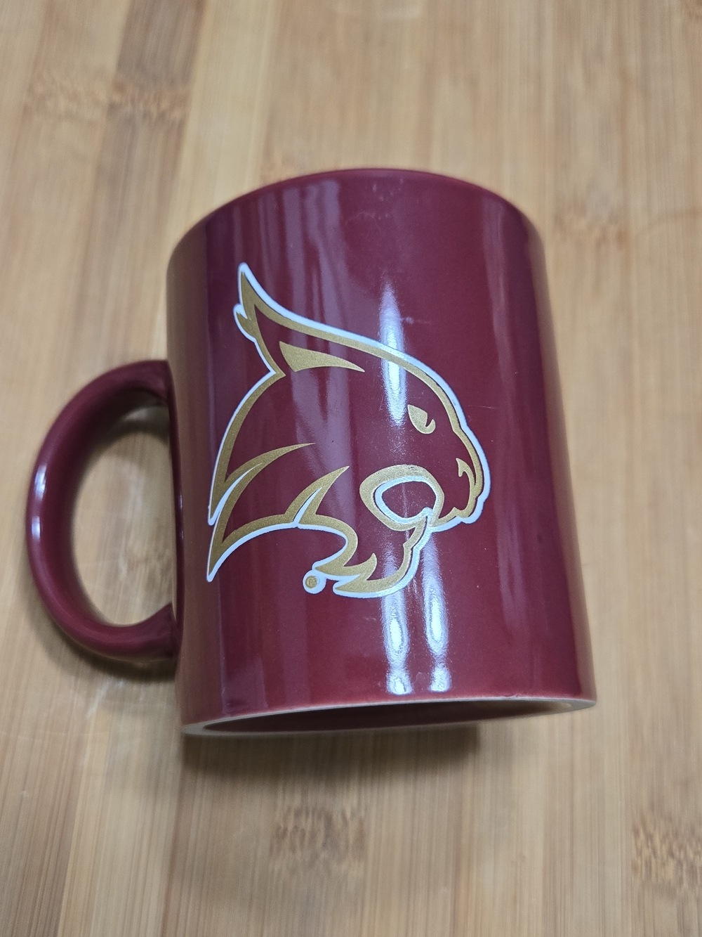 Texas State University Bobcats Maroon Ceramic Coffee Mug Gold Bobcat Logo